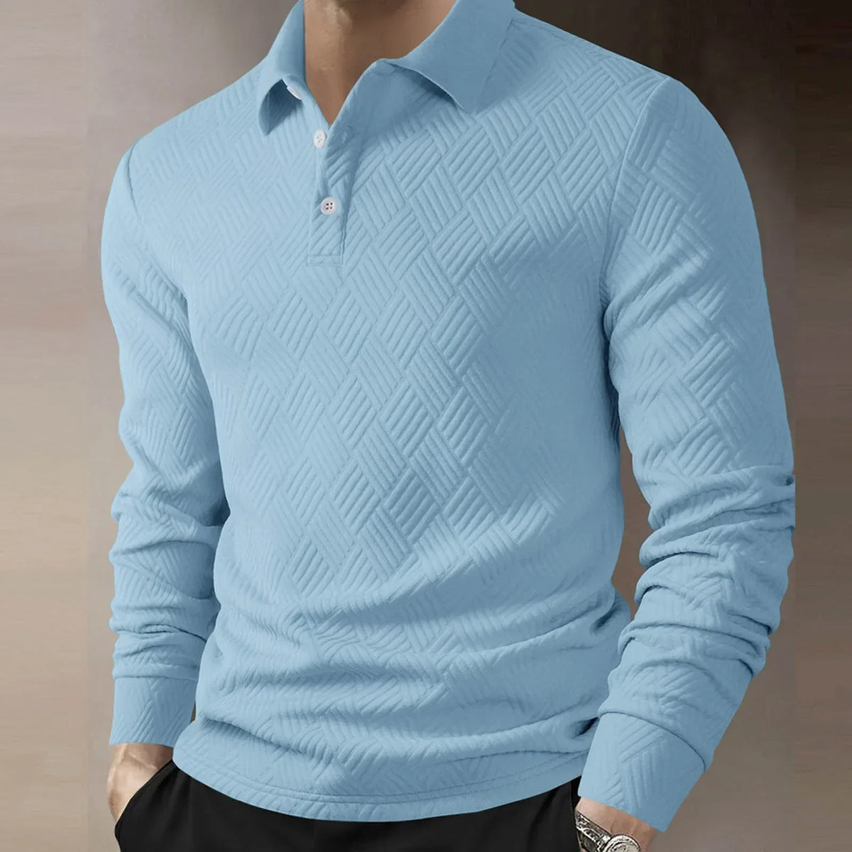 Herre Langærmet Polo T-Shirt Tekstureret Strik Smart Casual Top