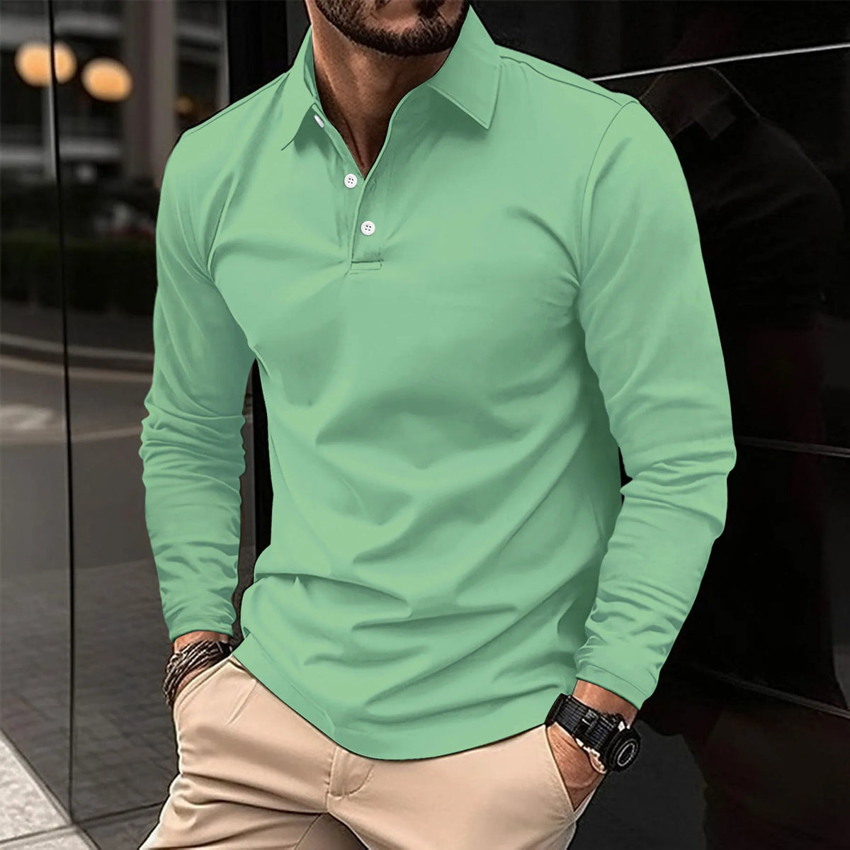 Herreslim-fit langærmet polo - Blødt smart casual top til kontor og aftenbrug