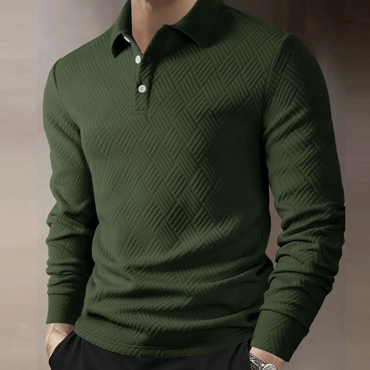 Herre Langærmet Polo T-Shirt Tekstureret Strik Smart Casual Top