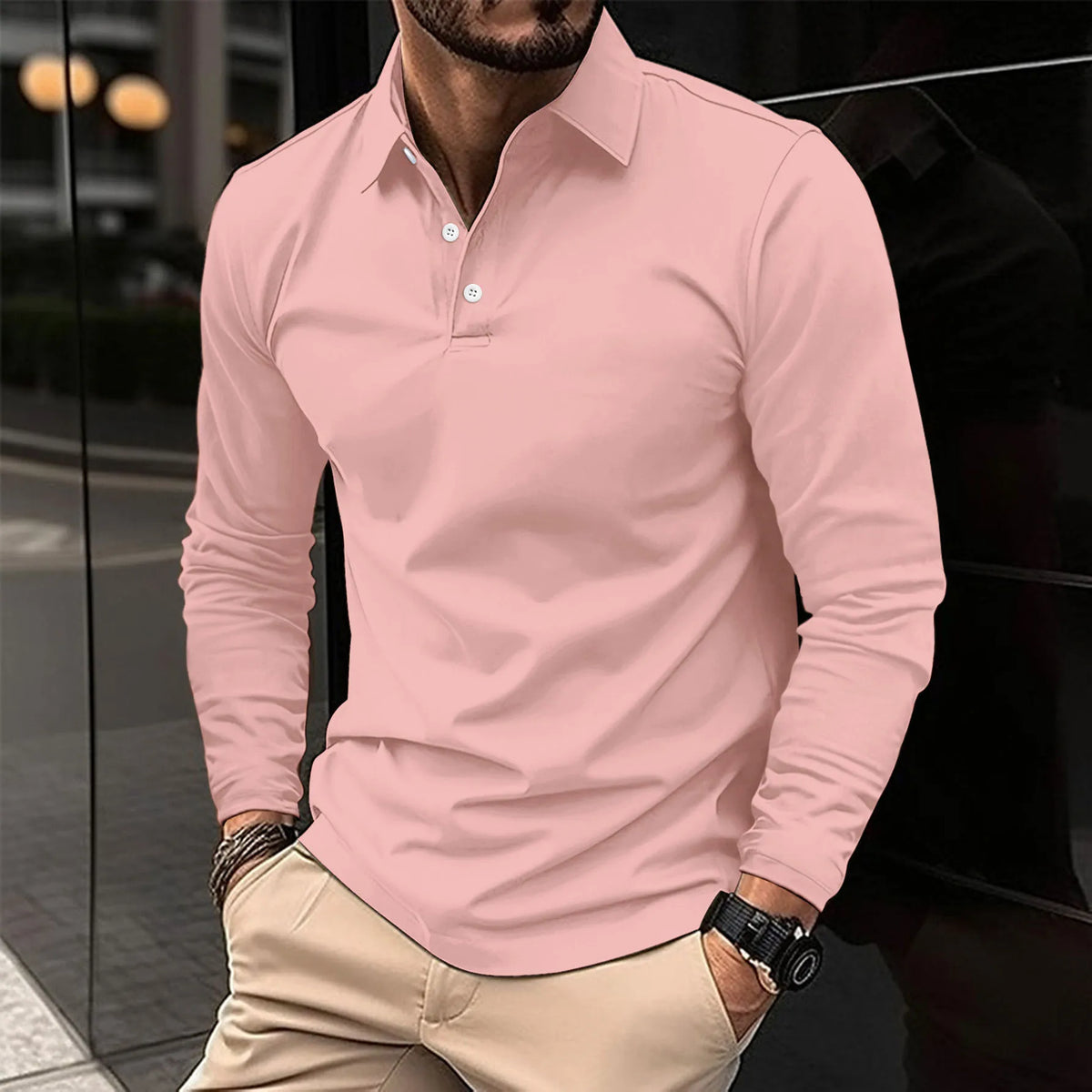 Herre Langærmet Polo T-shirt Fint Skræddersyet Hverdags Essential