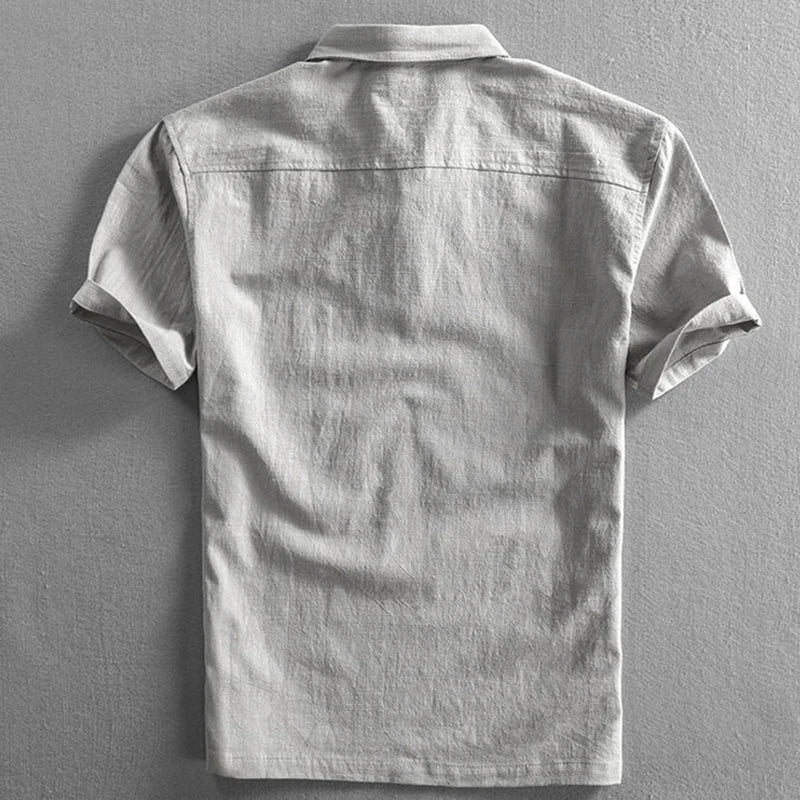 Herre Kortærmet Linned Look Polo Shirt med Knaplukning