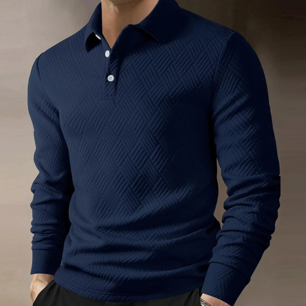 Herre Langærmet Polo T-Shirt Tekstureret Strik Smart Casual Top
