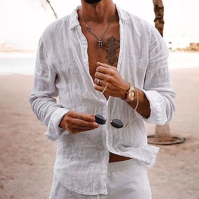Herres lange ærmer linned sommer casual strand skjorte