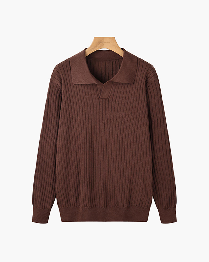 Herre Ribbet Strik Polo Sweater V-Udskæring Slim Fit