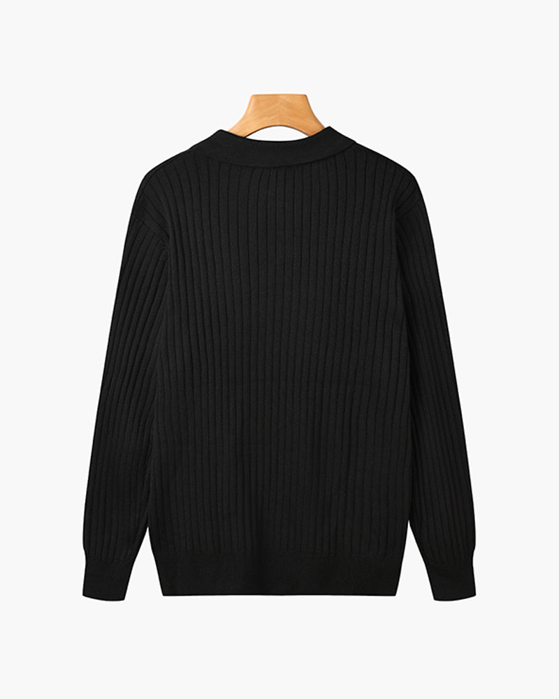 Herre Ribbet Strikket Polo Sweater V-Hals Slim Fit
