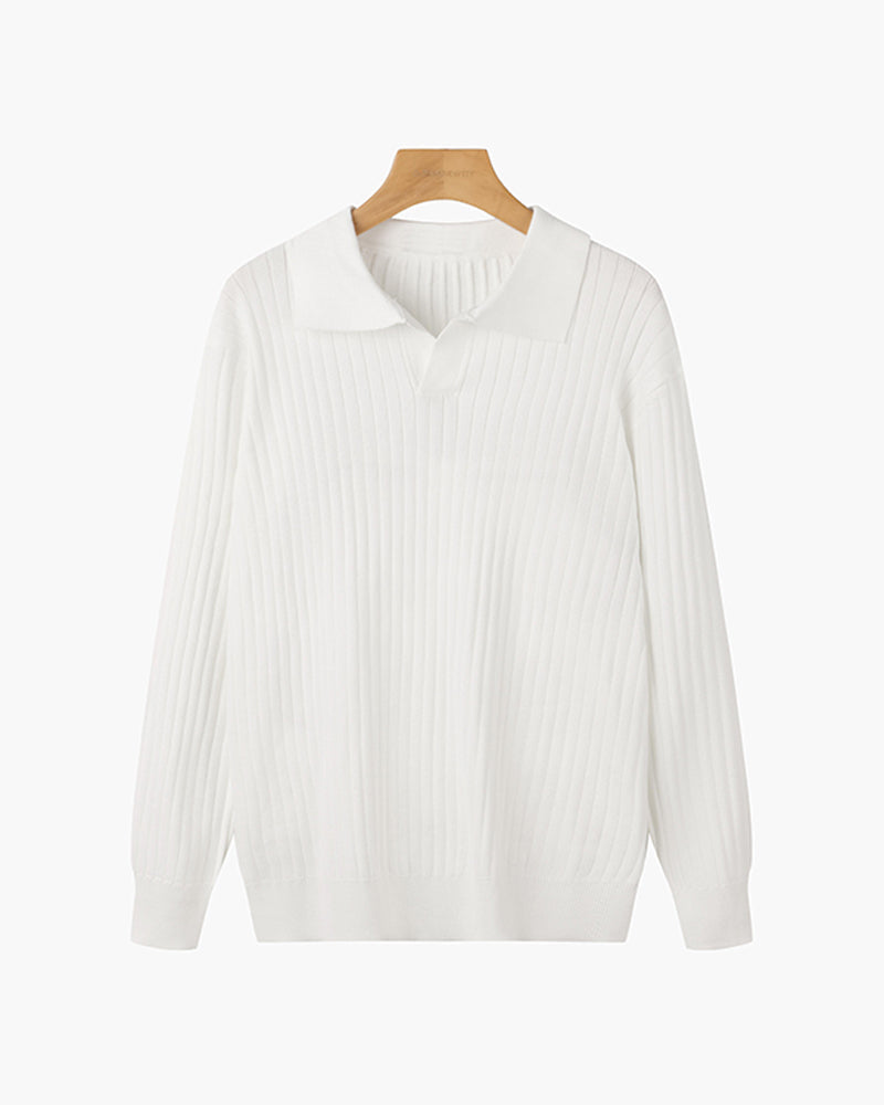 Herre Ribbet Strik Polo Sweater V-Udskæring Slim Fit