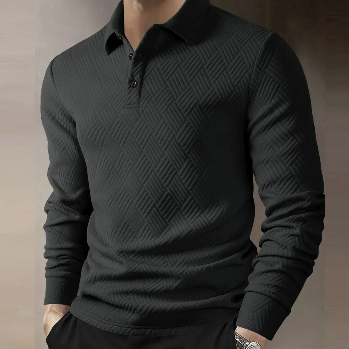 Herre Langærmet Polo T-Shirt Tekstureret Strik Smart Casual Top