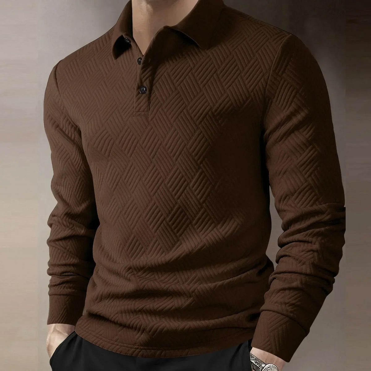 Herre Langærmet Polo T-Shirt Tekstureret Strik Smart Casual Top