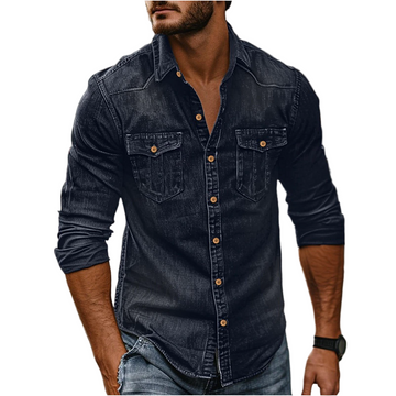 Herre Langærmet Denim Skjorte med Brystlommer