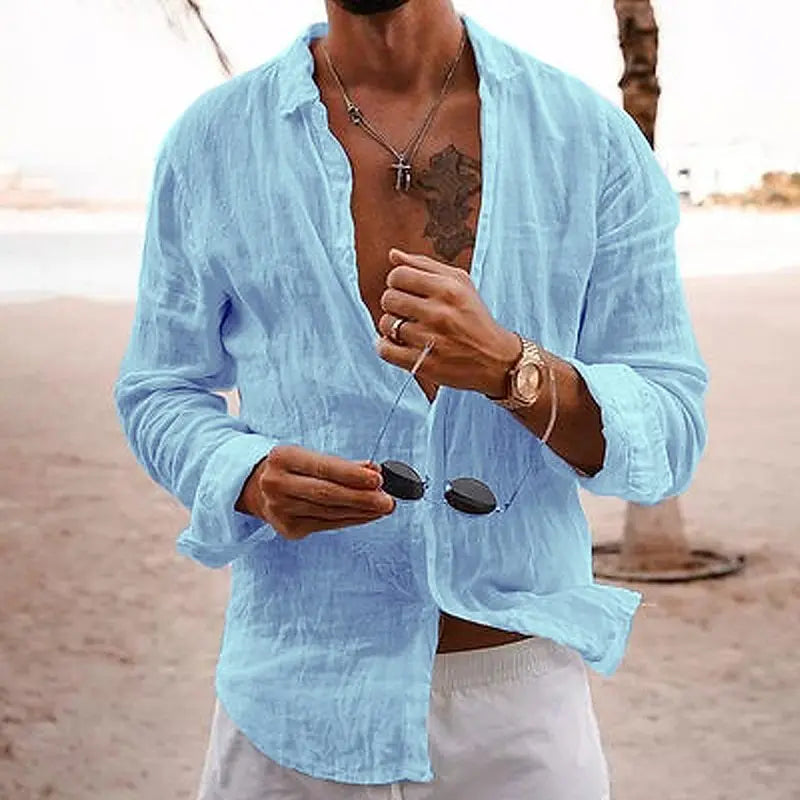 Herres langærmet linned sommer casual strand skjorte
