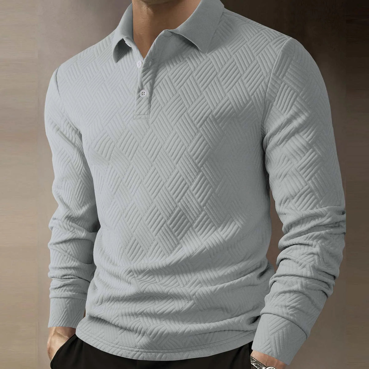 Herre Langærmet Polo T-Shirt Tekstureret Strik Smart Casual Top