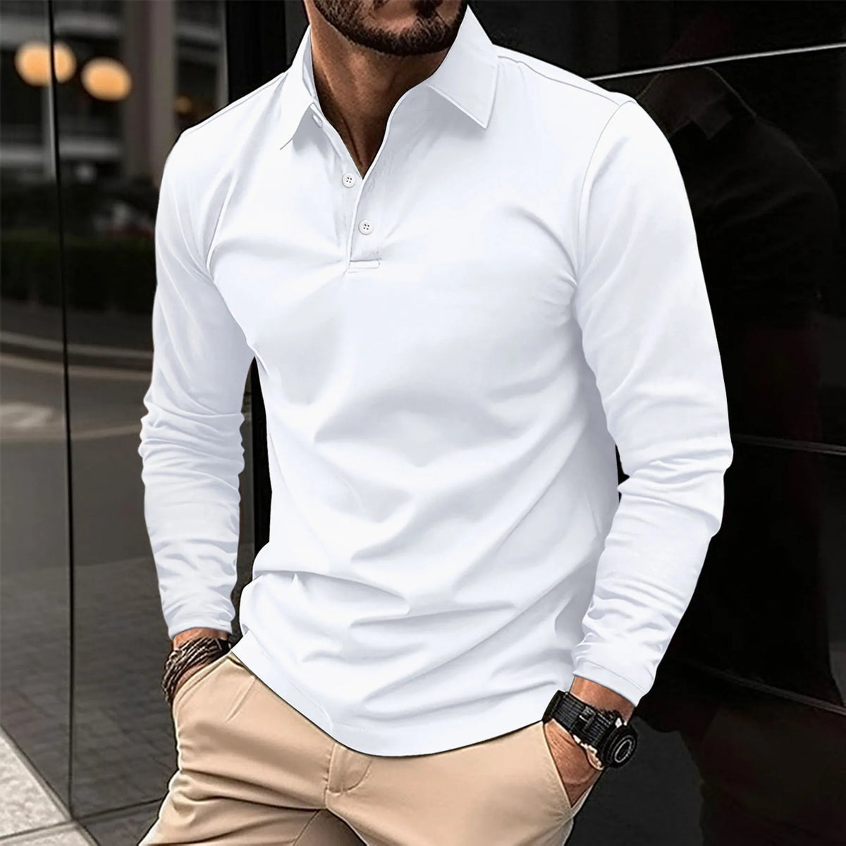 Herreslim-fit langærmet polo krave casual skjorte