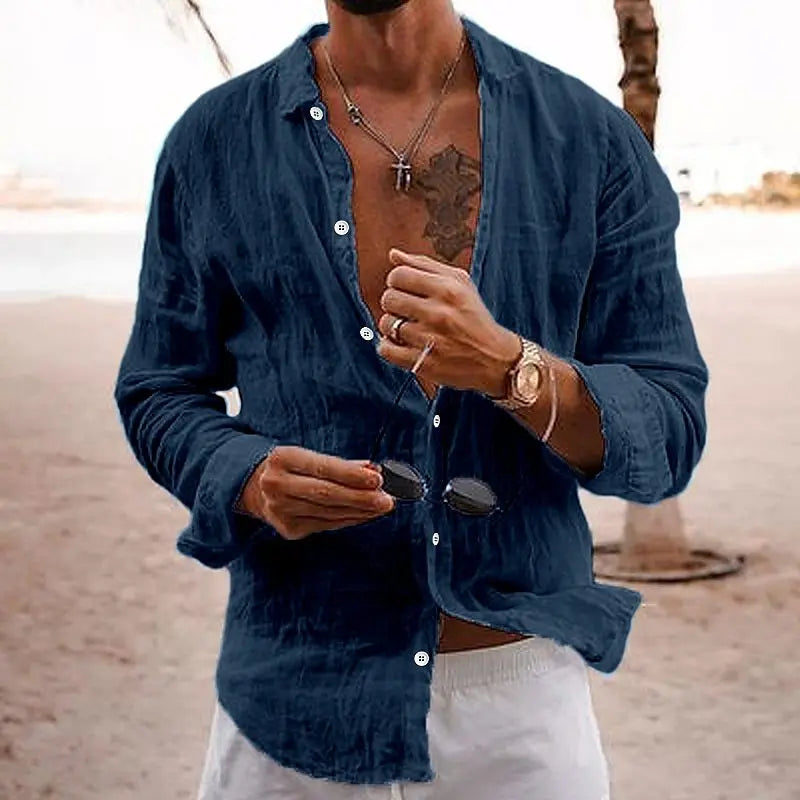 Herres langærmet linned sommer casual strand skjorte