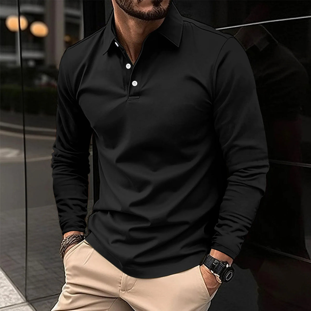 Herreslim-fit langærmet polo krave casual skjorte