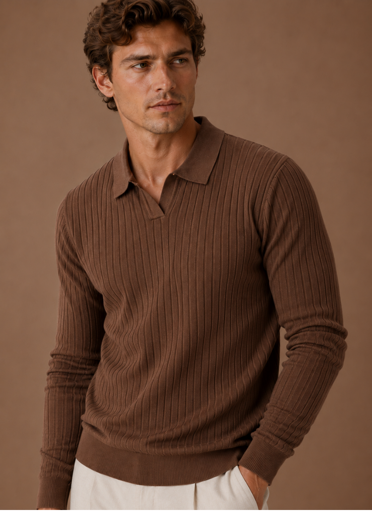 Herre Ribbet Strik Polo Sweater Smart Casual Pullover | Areleon