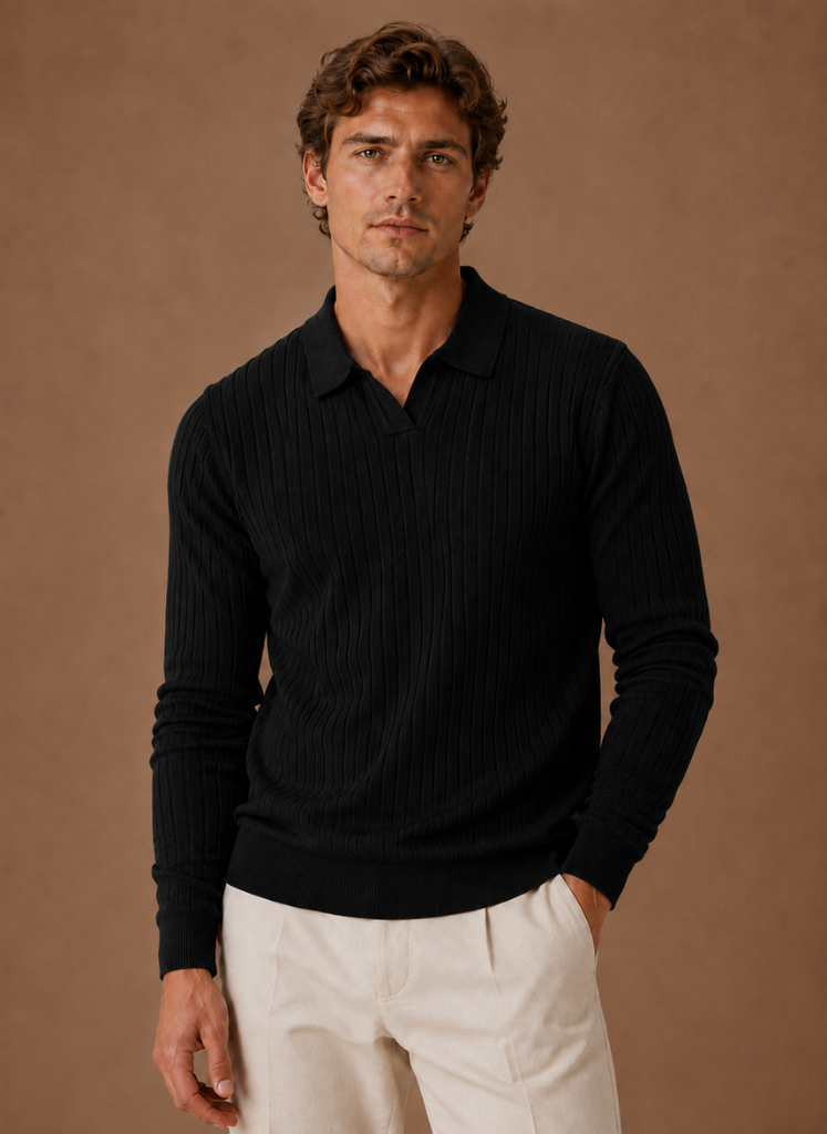 Herre Ribbet Strik Polo Sweater Smart Casual Pullover | Areleon
