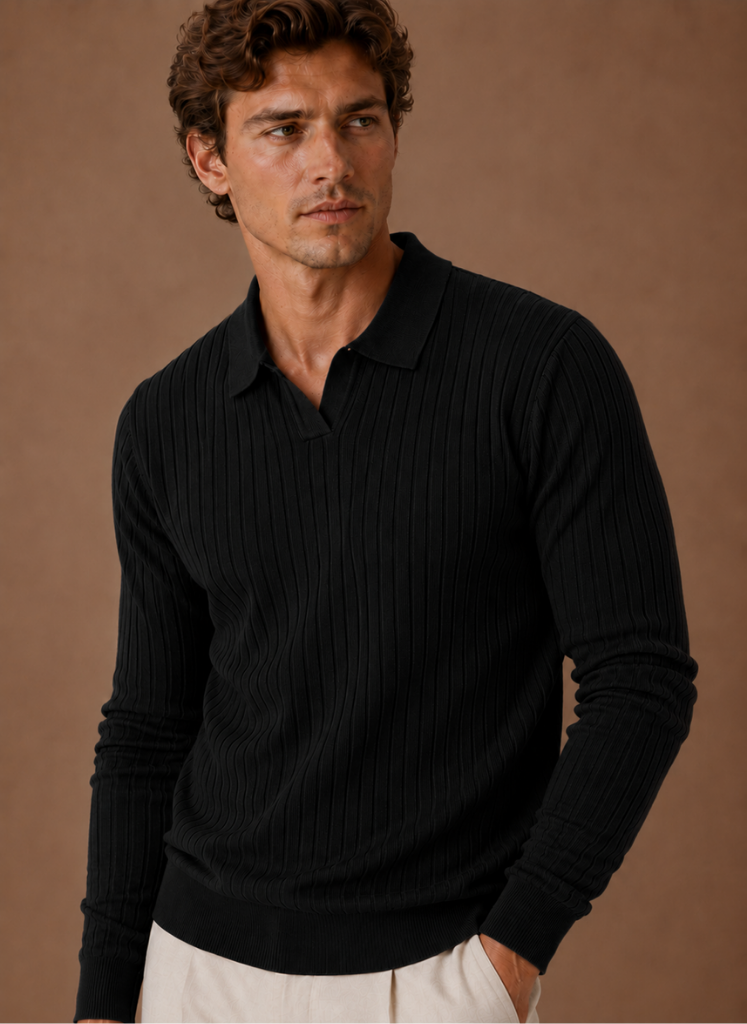 Herre Ribbet Strik Polo Sweater Smart Casual Pullover | Areleon