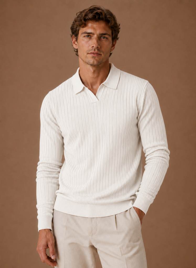Herre Ribbet Strik Polo Sweater Smart Casual Pullover | Areleon