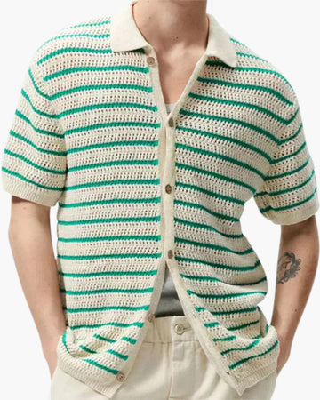 Herre Stribet Hæklet Strikknap Op Sommer Polo Shirt