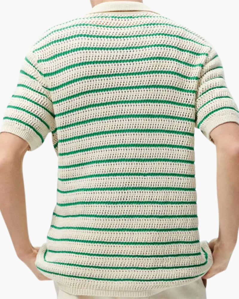 Herre Stribet Hæklet Strikknap Op Sommer Polo Shirt