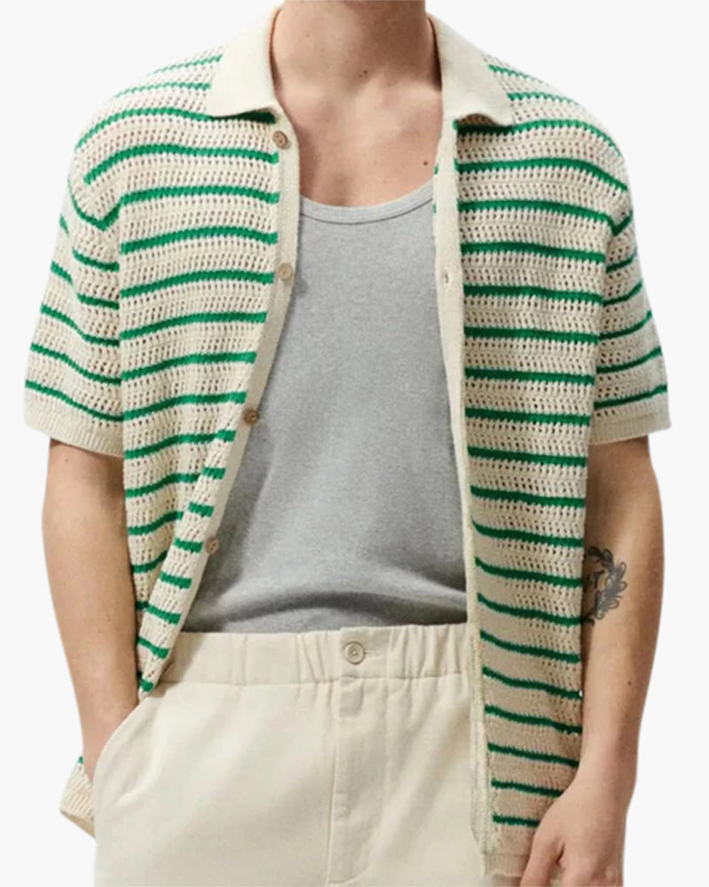 Herre Stribet Hæklet Strikknap Op Sommer Polo Shirt