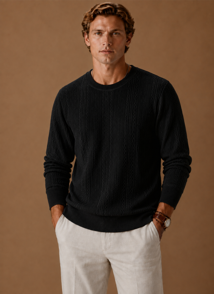 Herre Kabelstrikket Sweater – Rund Hals Tekstur Pullover | Areleon