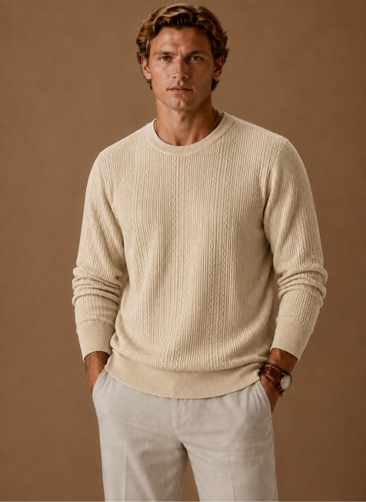 Herre Kabelstrikket Sweater – Rund Hals Tekstur Pullover | Areleon