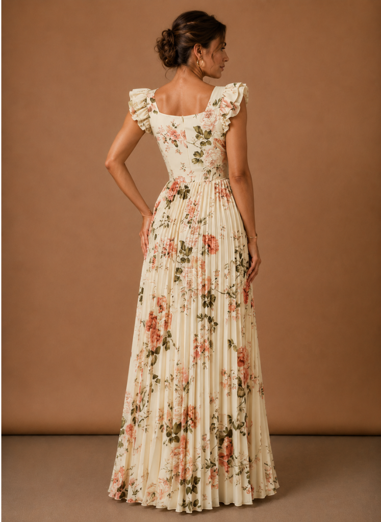 Kvinders Blomster Plisseret Maxi Kjole – Elegant Bryllupsgæst | Areleon