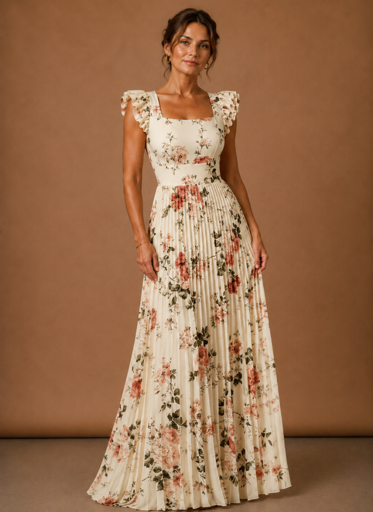 Kvinders Blomster Plisseret Maxi Kjole – Elegant Bryllupsgæst | Areleon