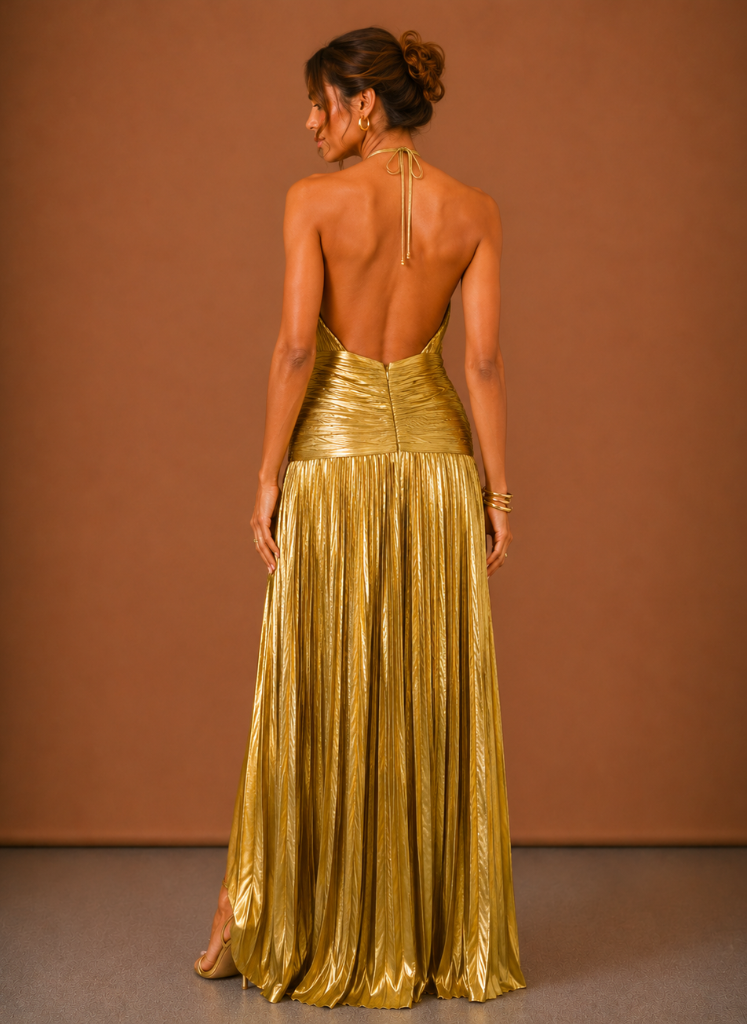 Kvindernes Metalisk Halterneck Maxi Kjole – Elegant Aftenbegivenhed | Areleon