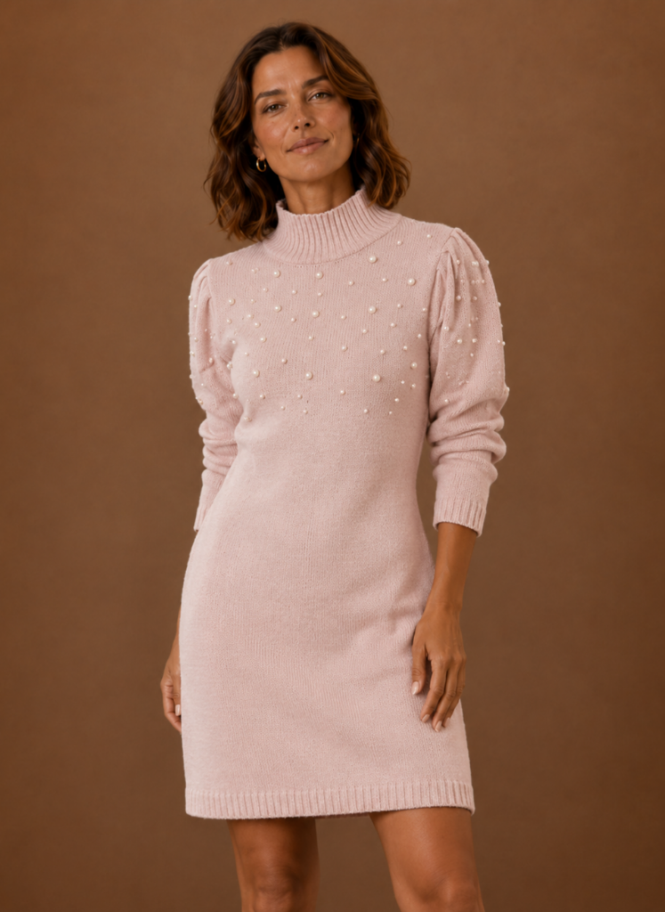 Kvinders Perle Strik Sweater Kjole med Høj Hals | Areleon