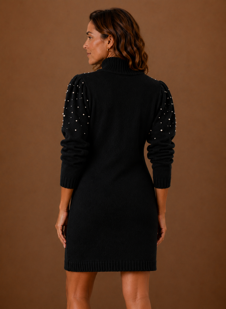 Kvinders Perle Strik Sweater Kjole med Høj Hals | Areleon