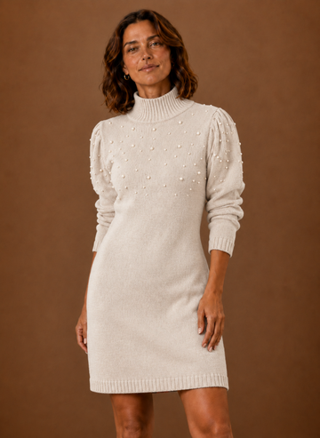 Kvinders Perle Strik Sweater Kjole med Høj Hals | Areleon