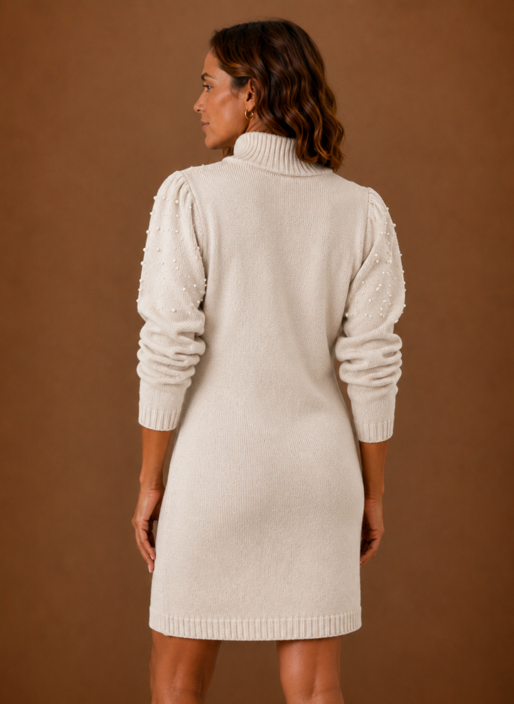 Kvinders Perle Strik Sweater Kjole med Høj Hals | Areleon