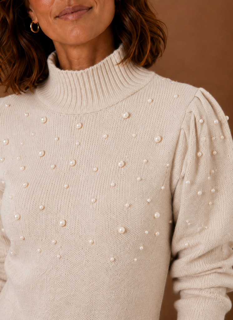 Kvinders Perle Strik Sweater Kjole med Høj Hals | Areleon
