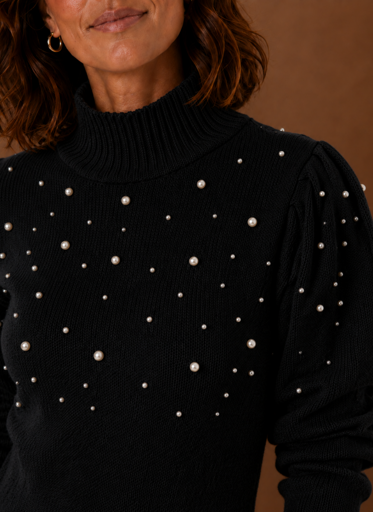Kvinders Perle Strik Sweater Kjole med Høj Hals | Areleon