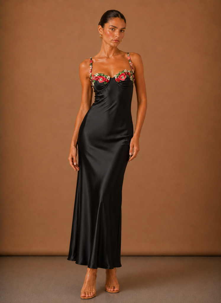 Kvinders Satin Floral Detalje Maxi Kjole – Elegant Aftenbegivenhed | Areleon