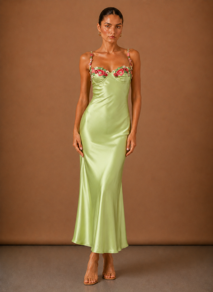 Kvinders Satin Floral Detalje Maxi Kjole – Elegant Aftenbegivenhed | Areleon
