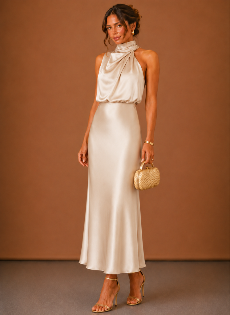 Kvindernes Satin Halter Maxi Kjole – Elegant Bryllupsgæst | Areleon