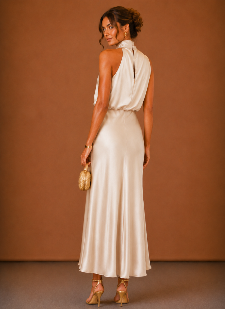 Kvindernes Satin Halter Maxi Kjole – Elegant Bryllupsgæst | Areleon