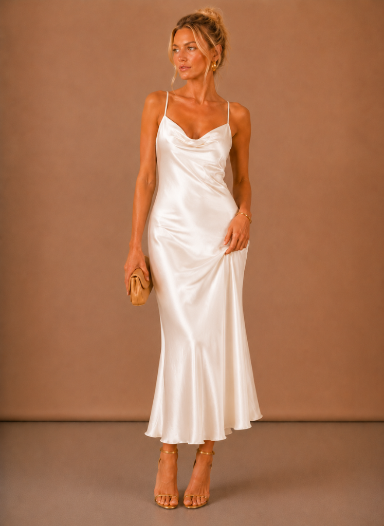 Kvinders Satin Cowl Neck Midi Kjole – Elegant Aften Anledning | Areleon