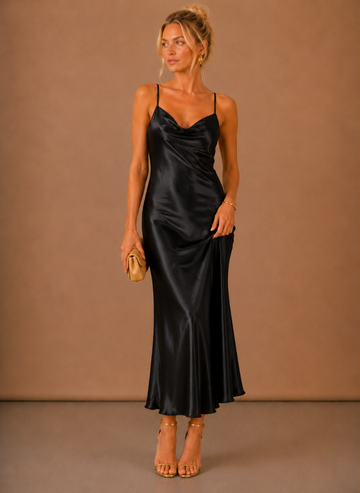 Kvinders Satin Cowl Neck Midi Kjole – Elegant Aften Anledning | Areleon