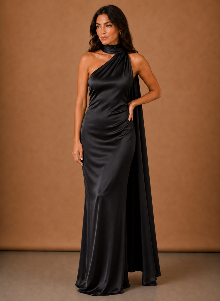 Kvinders Satin One Shoulder Maxi Kjole – Elegant Aftenbegivenhed | Areleon