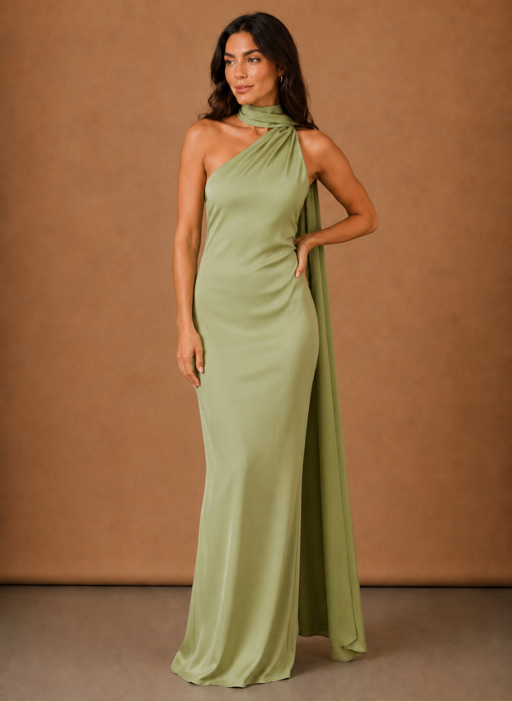 Kvinders Satin One Shoulder Maxi Kjole – Elegant Aftenbegivenhed | Areleon