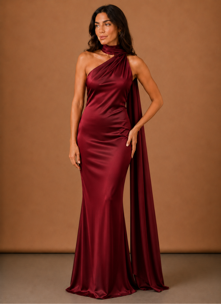 Kvinders Satin One Shoulder Maxi Kjole – Elegant Aftenbegivenhed | Areleon