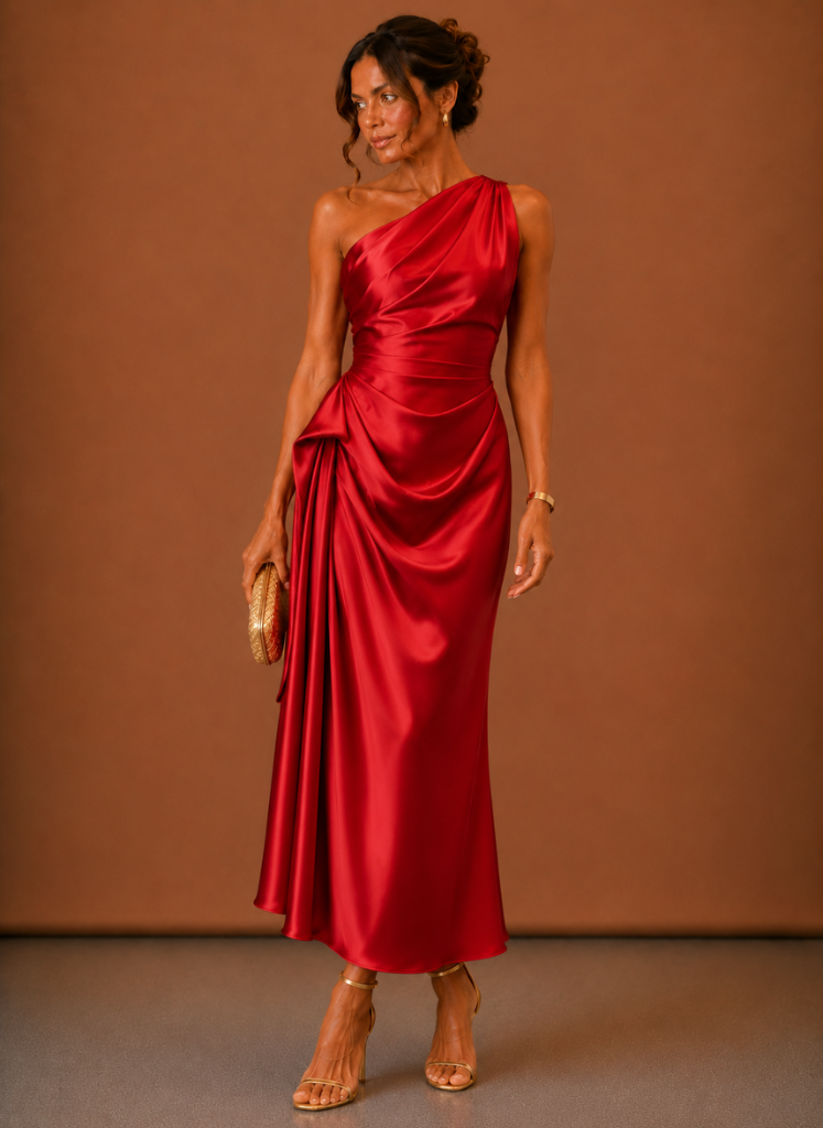 Kvindernes Satin En Skulder Midi Kjole – Elegant Bryllupsgæst | Areleon