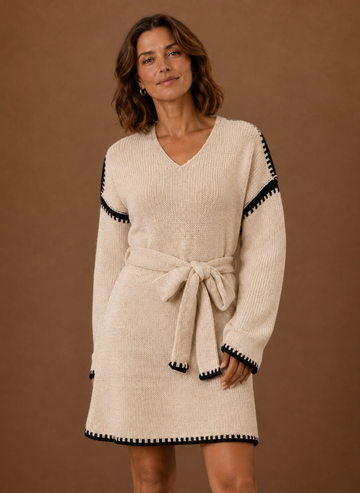 Kvinders V-hals Strik Sweater Kjole med Talje Bælte | Areleon