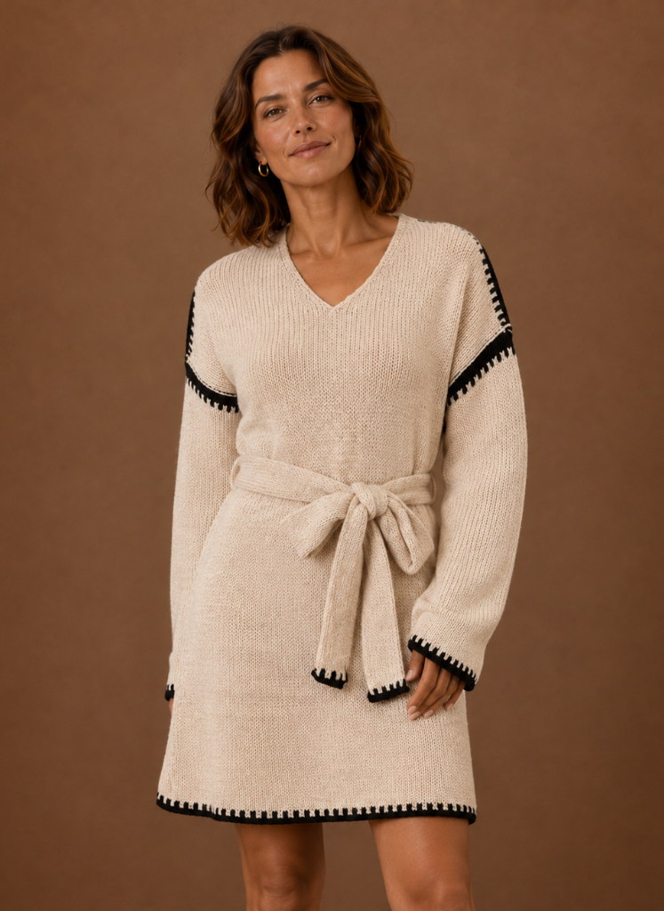 Kvinders V-hals Strik Sweater Kjole med Talje Bælte | Areleon