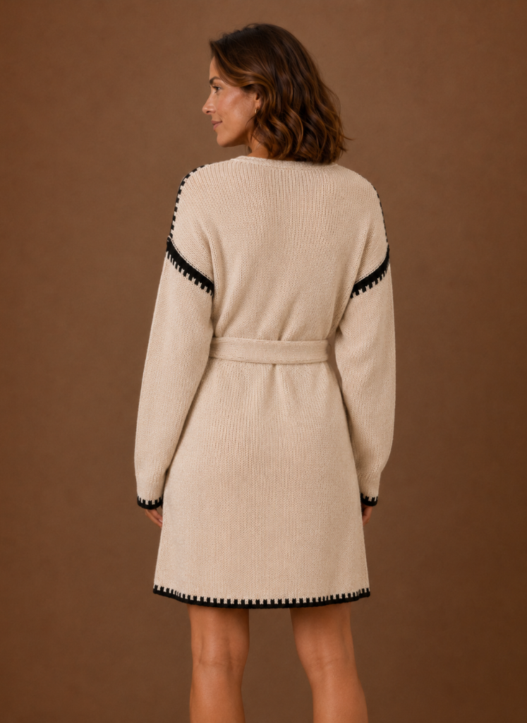 Kvinders V-hals Strik Sweater Kjole med Talje Bælte | Areleon
