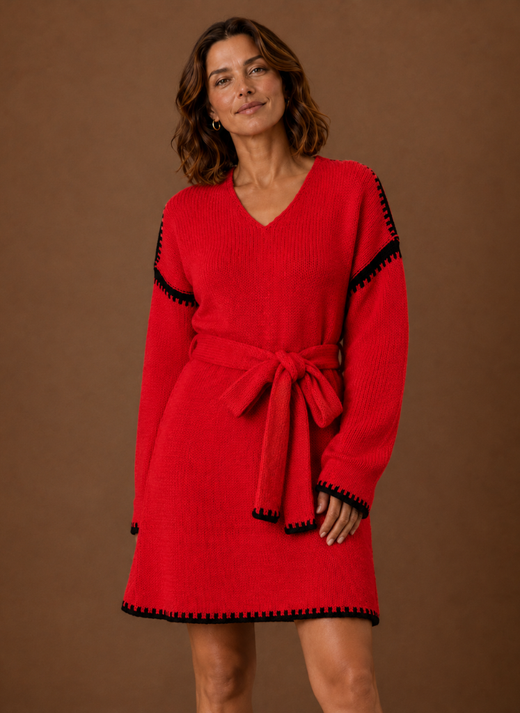Kvinders V-hals Strik Sweater Kjole med Talje Bælte | Areleon